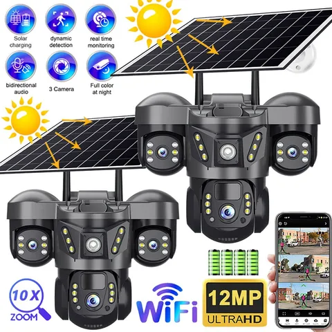 3 Lens Camara De Seguridad Solar Inalambricas Para Exterior Con Vision Nocturna