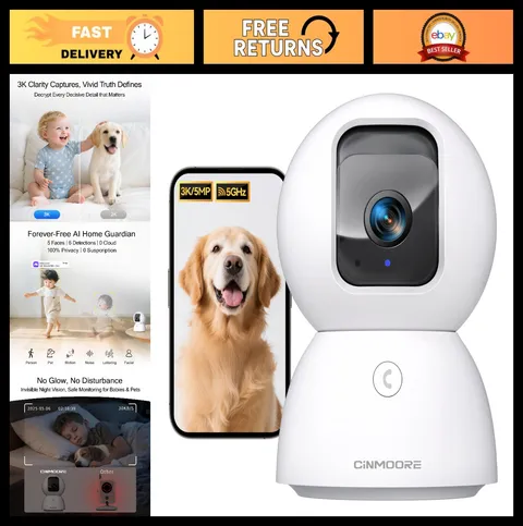 3K 5G Indoor Security Camera, PTZ WiFi Pet/Dog Monitor, Night Vision, 2-Way Talk
