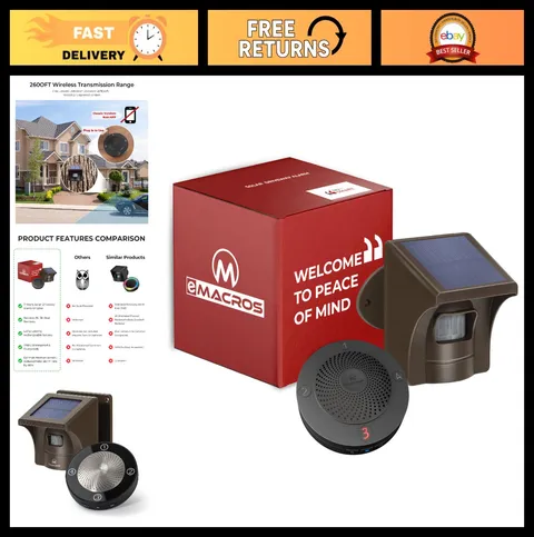 Wireless Driveway Alarm - 1/2 Mile Solar Motion Sensor, Plug-in Receiver, Weathe