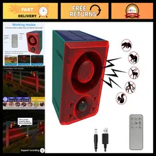 Outdoor Solar Motion Sensor Alarm - 130dB Dog Barking & Gunshot Sounds, Remote C