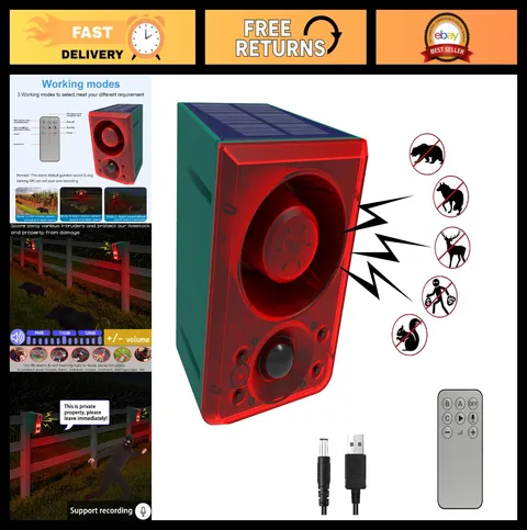 Outdoor Solar Motion Sensor Alarm - 130dB Dog Barking & Gunshot Sounds, Remote C