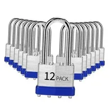 Padlocks Keyed Alike, Pack of 12, Laminated Steel Keyed 12 PACK Long Shackle