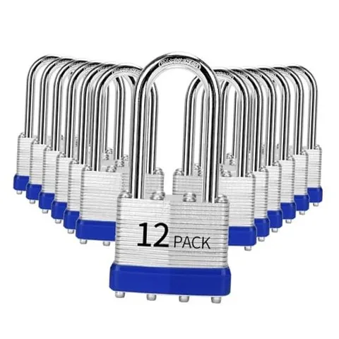 Padlocks Keyed Alike, Pack of 12, Laminated Steel Keyed 12 PACK Long Shackle