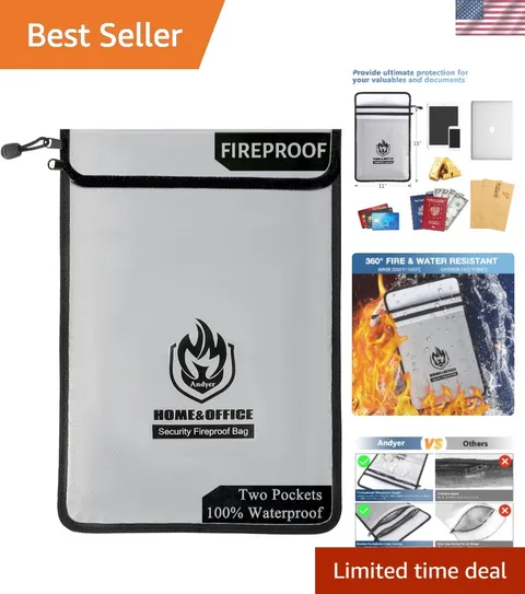 Upgraded Two Pockets Fireproof Document Bag 2000℉, 15”x 11”Waterproof Firepro...