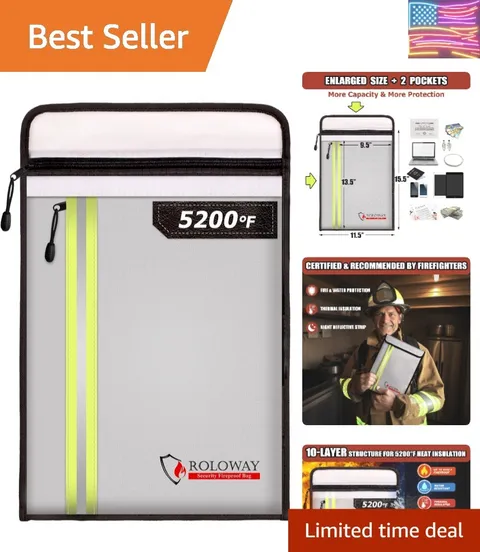 Fireproof Document Bag 15.5 x 11.5 inch with 2 Pockets and 5200℉ Aluminum Foi...