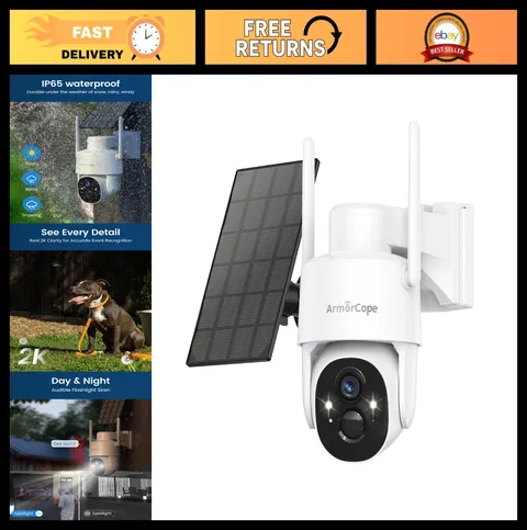 Wireless Solar Security Camera 360° View, 2K Color Night Vision, PIR Sensor, Eas