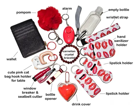 Red Self Defence Keychain Set With Carnelian Crystal Bracelet
