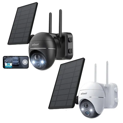 2K Wireless Outdoor WiFi 360° PTZ Solar Powered Security Cameras,Black & white