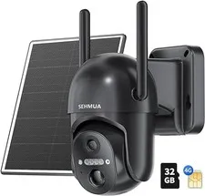 BLACK - SEHMUA 4G LTE Cellular Solar Security Camera Wireless Outdoor No WiFi