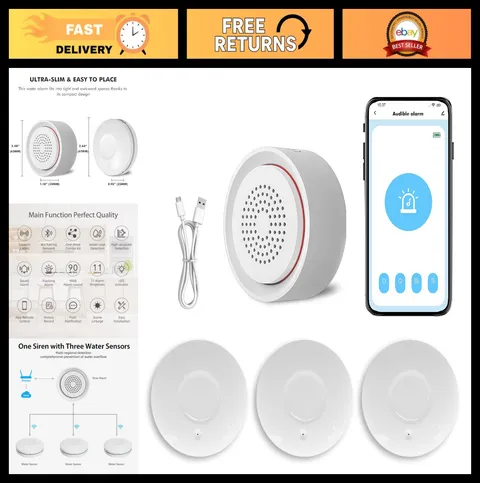 Smart Water Leak Detector Kit - WiFi Sensor Alarm, SMS/APP Alerts, 3 Sensors, Ho