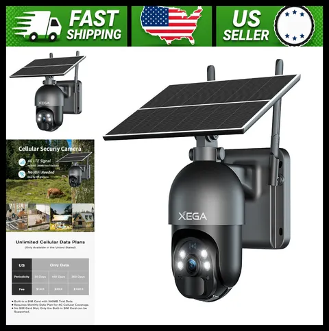 Xega 4G LTE Solar Security Camera, 2K Outdoor PTZ, Color Night Vision