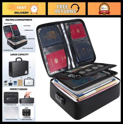Fireproof Document Box with Lock, Waterproof Safe File Bag for Important Papers