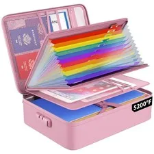 Fireproof Accordion File Folder with Combination Lock, Pink