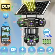 Solar Powered 3Lens WiFi Security Camera 12MP PTZ Outdoor IP66 Night Vision CCTV