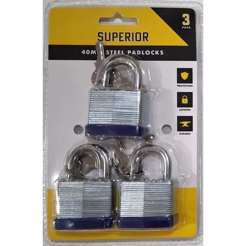 Superior 3-Pack 40mm Laminated Steel Padlocks – Keyed Alike (6 Keys)