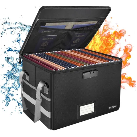Fireproof File Box with Lock, Zipper & Pockets - Black