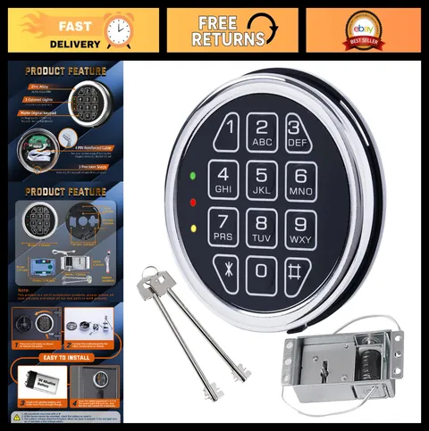 Electronic Safe Lock Keypad Replacement, Solenoid Lock, 2 Override Keys, Chrome