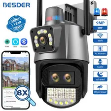 BESDER 9MP PTZ IP Camera Wifi 8X Digital Zoom Outdoor Dual Screens AI Auto Track