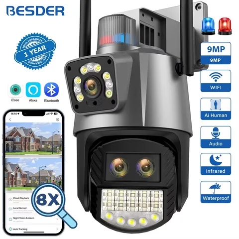 BESDER 9MP PTZ IP Camera Wifi 8X Digital Zoom Outdoor Dual Screens AI Auto Track