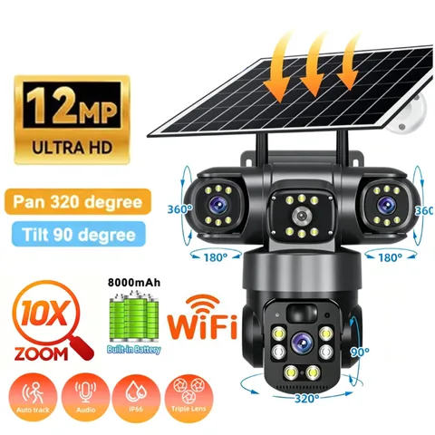 3 Lens 12MP Solar Battery Home Security Camera Outdoor Wifi Wireless PTZ CCTV