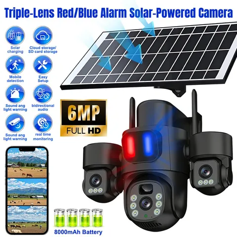 Camara de Seguridad Solar 6MP Exterior Inalambrica WiFi Triple Lente CCTV 3-Cam