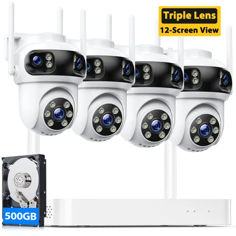 Triple Lens Wireless Security Camera System 4 Cam 12 View 24/7 Record Auto-Track