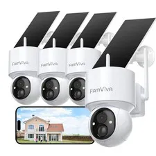 FAMVIVA 2K Solar Security Cameras Wireless Outdoor, 360°PTZ 4 pack, White