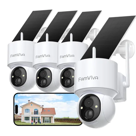 FAMVIVA 2K Solar Security Cameras Wireless Outdoor, 360°PTZ 4 pack, White