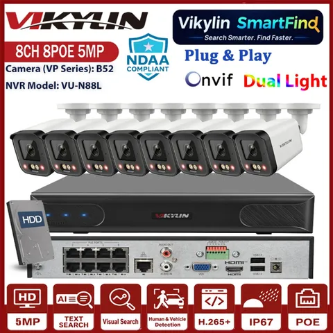 Vikylin SmartFind 8CH 8POE NVR 5MP POE Dual Light Full Color Camera System Lot