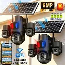 Wireless WIFI Solar PTZ Surveillance Camera 3-Screen Panoramic Monitoring Alarm
