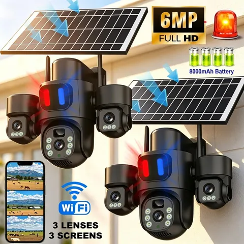 Wireless WIFI Solar PTZ Surveillance Camera 3-Screen Panoramic Monitoring Alarm