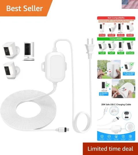 Weatherproof 20ft USB-C Power Cord for Ring Outdoor Cameras - Continuous Power