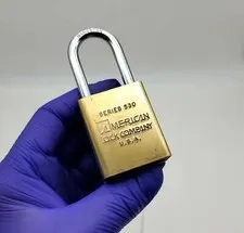 American 530 Padlock Rekeyable 1-5/8"L x 1/4"D Shackle 1-3/8" Brass Body No Core