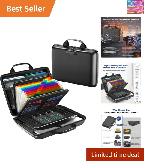 Fireproof Document Box, Hard Case Fireproof File Organizer with Lock and 13 P...
