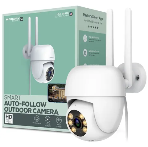 Merkury Smart Outdoor Camera 1080p - Auto-Follow PTZ Security Cam, White (1-Pack