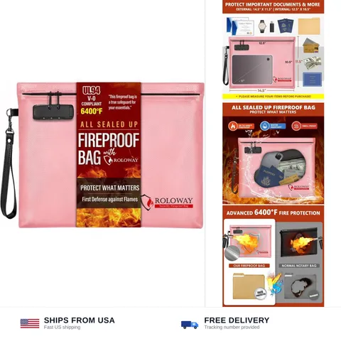 ROLOWAY Fireproof Document Bag (14.5 x 11.5 inch), 6400℉ Fireproof Money Bag ...