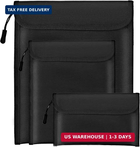 Fireproof Waterproof Document Bag 3-Pack Black 2000℉ Money Bag for Cash Passport