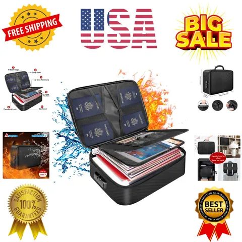 Document Bag with Lock,Fireproof 3-Layer File Storage Case with Water-Resista...