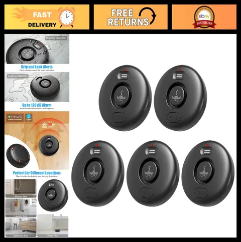 5 Pack Water Leak Alarm Detector, 0-120dB Adjustable, Waterproof IP67 Sensor