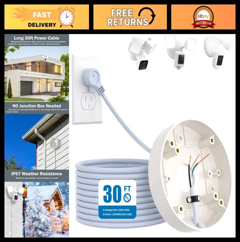 Weatherproof Power Cable Mount for Floodlight Cameras - 30ft/9m, Easy Install
