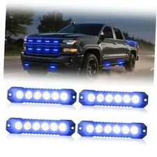 4pcs 6-LED Surface Mount Strobe Lights for Trucks Car Vehicles Ultra Slim Blue