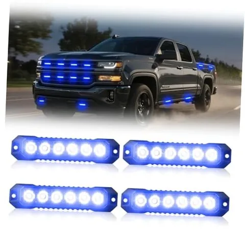 4pcs 6-LED Surface Mount Strobe Lights for Trucks Car Vehicles Ultra Slim Blue