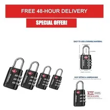 BRILLIRARE TSA Approved 4 Pack Combination Travel Padlocks - Black