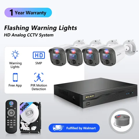 WEILAILIFE 5MP Wired Security Camera System, 4-Channel DVR with 500GB HDD, Red