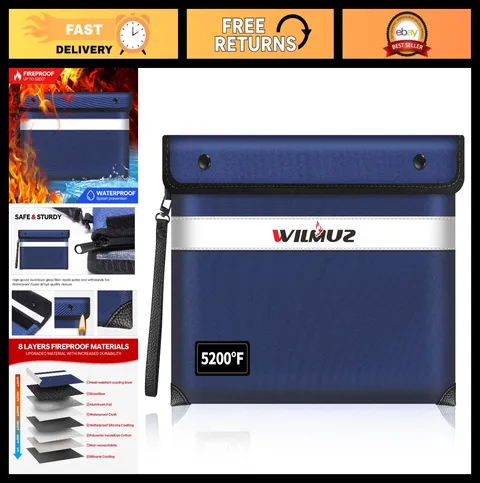 Fireproof Document Bag 5200°F, Water-Resistant Zipper Pouch, 8-Layer Insulation,