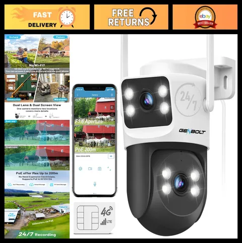 4G LTE Dual Lens Outdoor Security Camera - No WiFi, Includes SIM Card, Night Vis