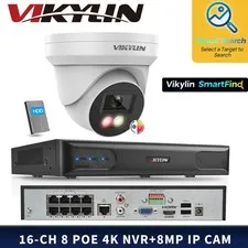 Vikylin SmartFind MD 8POE 16CH NVR System Dual light Color MIC 8MP IP Camera Lot