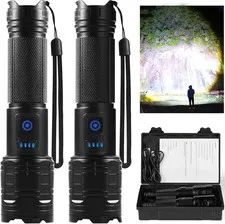 2 Pack Rechargeable LED Flashlight 90000 High Lumen Tactical Handheld Flash Ligh