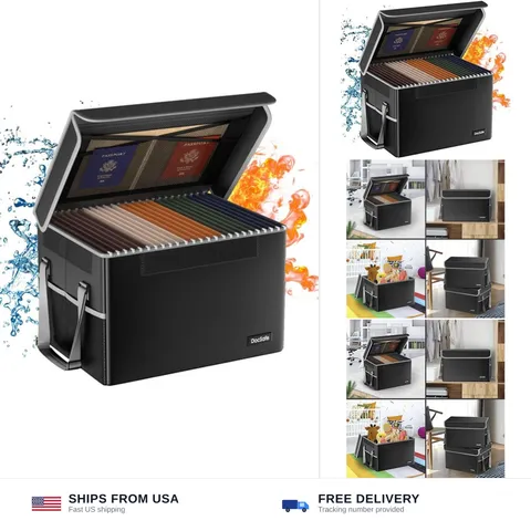 DocSafe File Box Fireproof File Storage Organizer with Lid,Collapsible Docume...
