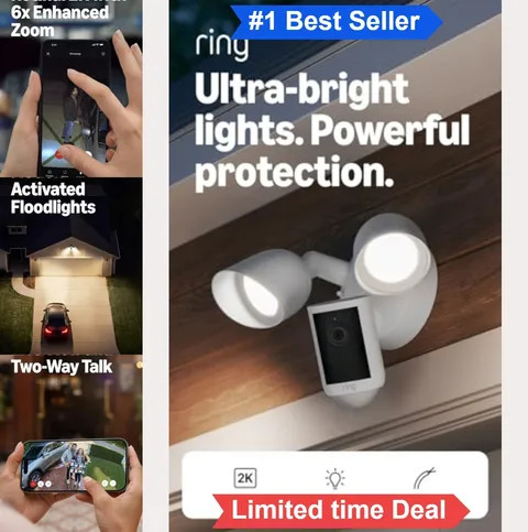 Floodlight Security Camera Wired 2K Wide Angle 6x Zoom Motion Detection Siren